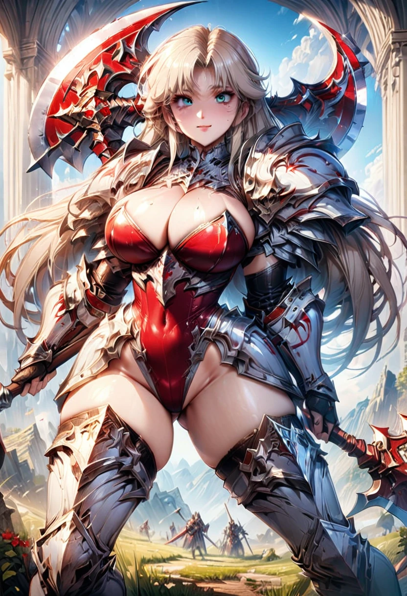 ((highest quality)), ((masterpiece)), ((hyperrealistic)), (detailed background), solo, 1girl, ((curvy: 1.2)), kawaii, gentle smile, knight, langrisser, blonde braided long hair, ((Crimson leotard: 1.5)), (white paladin armor: 1.3), ((Tight-fitting latex leotard bodysuit)),((battleaxe)), Holding a long-handled battle axe, Two-handed battle axe, ((huge breasts)), ((arm guard gauntlet)), ((zettai ryouiki thigh boots)), (big butt), (cleavage cutout), (Groin area), (thigh), beautiful aqua eyes, droopy eyes, parted bangs, perfect face, Perfect hands, perfect fingers, Blue sky and grassland