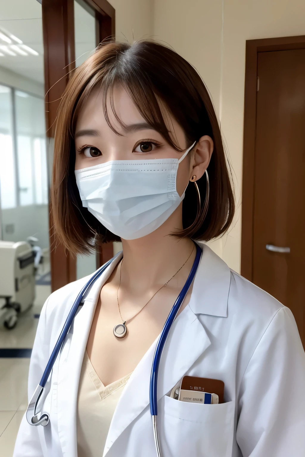 Beautiful young woman、 Korean women、Brown Hair、Necklace around the neck、White、Stethoscope、Mask on mouth、Short Haircut、Wavy Hair、Intricate details, Very detailed:1.2), 、 Looking into the camera,The background is the corridor of the hospital.、ear piercing
