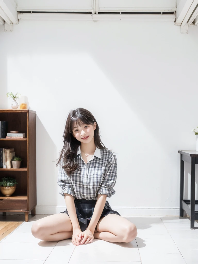 Urzan-6500-v1.1, (RAW Photos:1.2), (Photo - Real,:1.4), Highly detailed eyes and face, Beautiful attention to detail, ((Japanese high school girls uniform)), Light on the face、(Sit with your knees bent))、bangs、Enlarge your eyes、Eyelashes、cute、very cute、(Highest quality:1.9)、(High resolution)、Live-action image quality、((An 18-year-old pure female student、1 person))、Soft lighting by a professional photographer、Natural light、((Very spacious white luxurious room:1.6))、((Bright white room:1.6))、(Sitting on a very luxurious white bed:1.2)、(White Bookcase:1.1)、Natural soft light、((Brown hair color:1.1))、Fair skin、Detailed Eyes、double eyelid、Slightly puffy cheeks、((Small Face:1.0))、((Pink lace short sleeve buttoned shirt、Please wear it with the chest open.:1.1))、((Grey checked flared mini skirt))、Live-action image quality、E cup bust、Cleavage、(smile)、((Girly pose 1.8))、((Full Body Shot:1.2))、((Height: 150cm))、Hands in front、Hide your hands between your legs、The shirt buttons are white