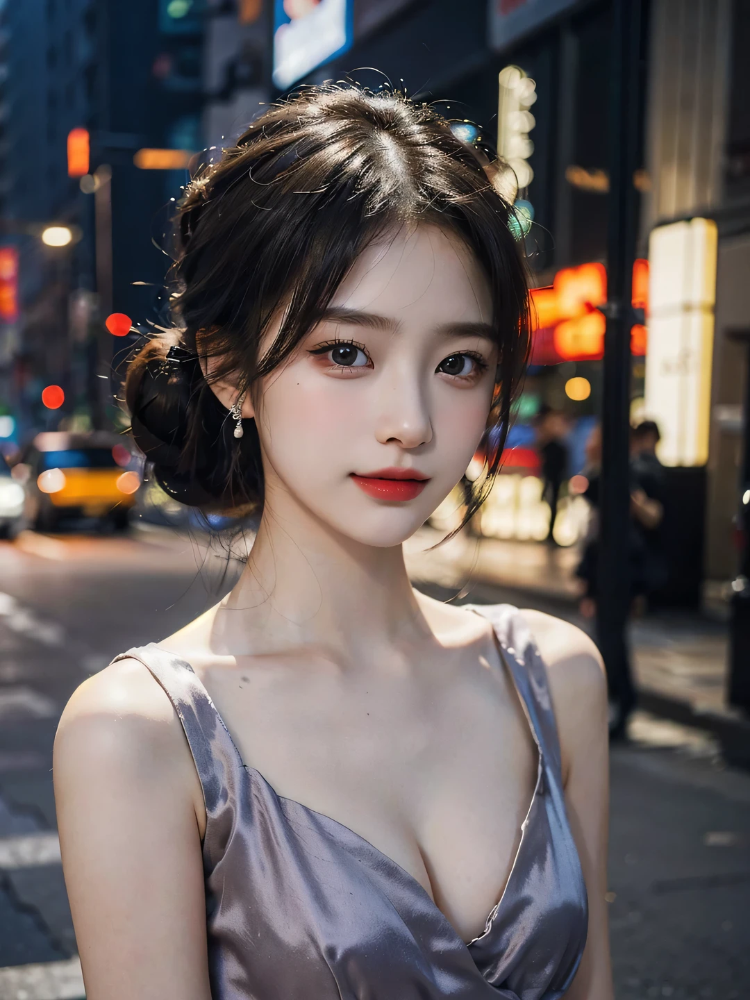 1girl, (looking at viewer:1.2), detail face, (a girl standing, rending on cgsociety, black shadows, streaming, new york backdrop), romanticism, atmospheric, (RAW photo, best quality), (realistic, photo-realistic:1.3), masterpiece, an extremely delicate and beautiful, extremely detailed,Hair in a bun，Wear delicate earrings， D cup，Cleavage，Semi-transparent deep V silk dress1.5，Exquisite eye details，Shy smile 1.5，