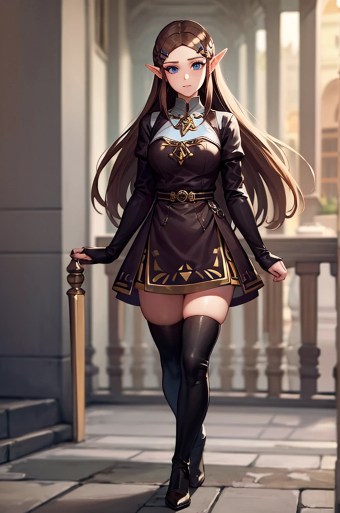 Princess Zelda full body shot, Brown Hair, blue eyes, Dressed as an Assassin's Creed Assassin, white+In gold、whiteいマスクと金色のディテールが施されたフード, XL Bust, Using the Wrist Blade. background: Renaissance city. Unreal Engine 5, anime, anime style, masterpiece, Well drawn eyes, Well-drawn faces, 細部までWell drawn eyes, 細部までWell-drawn faces, 8K, Light and shadow effects.