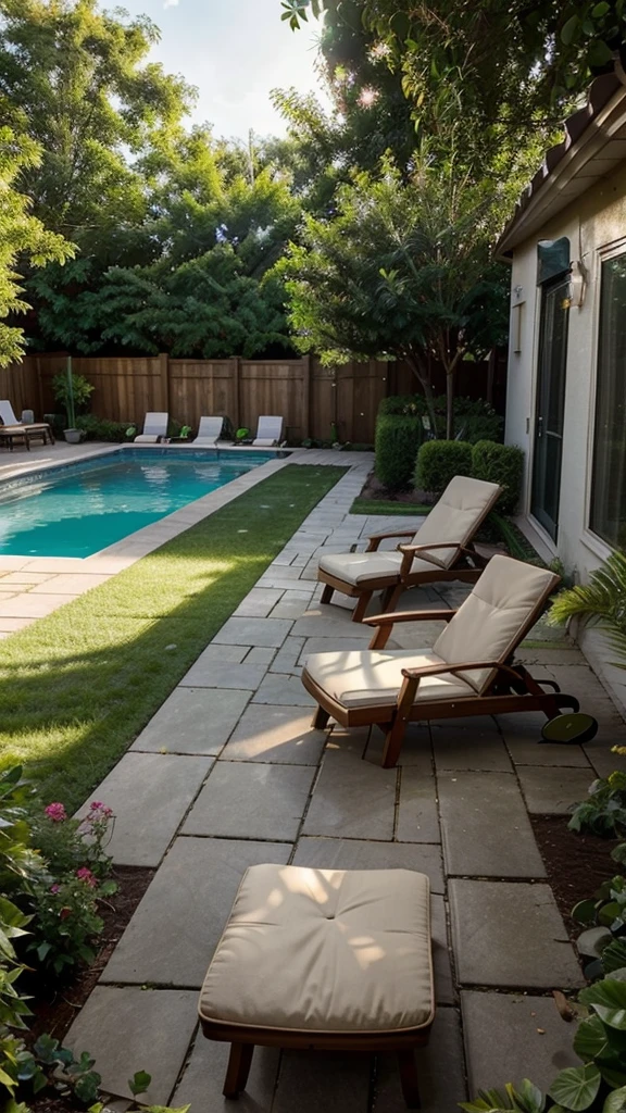 A blonde girl, long straight hair, shapely body, full lenght shot, she's naked, NSFW, sunny day, A beautifully landscaped backyard garden featuring a sparkling swimming pool with clear blue water. Surrounding the pool, there is a spacious patio area with comfortable lounge chairs, a few colorful umbrellas for shade, and a wooden deck perfect for sunbathing. The garden is lush and green, with well-maintained grass, vibrant flower beds, and a variety of plants and shrubs. In one corner, there's a cozy seating area with a small table and chairs, ideal for outdoor dining or relaxing with a book. A barbecue grill stands nearby, ready for a summer cookout. The scene is bathed in the warm, golden light of the afternoon sun, casting gentle shadows and creating a tranquil, inviting atmosphere. The realistic details capture the essence of a perfect backyard oasis, ideal for leisure and enjoyment