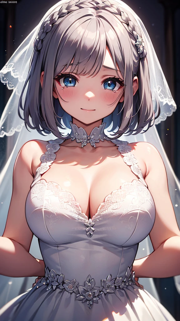 Ultra-high resolution,masterpiece, Attention to detail, Highest quality, 4K,(Silver braided short bob),(well endowed,Captivating body、Ultra-detailed skin、Beautiful eyes、Detailed Background),1girl、(Wedding dress、happy tears)