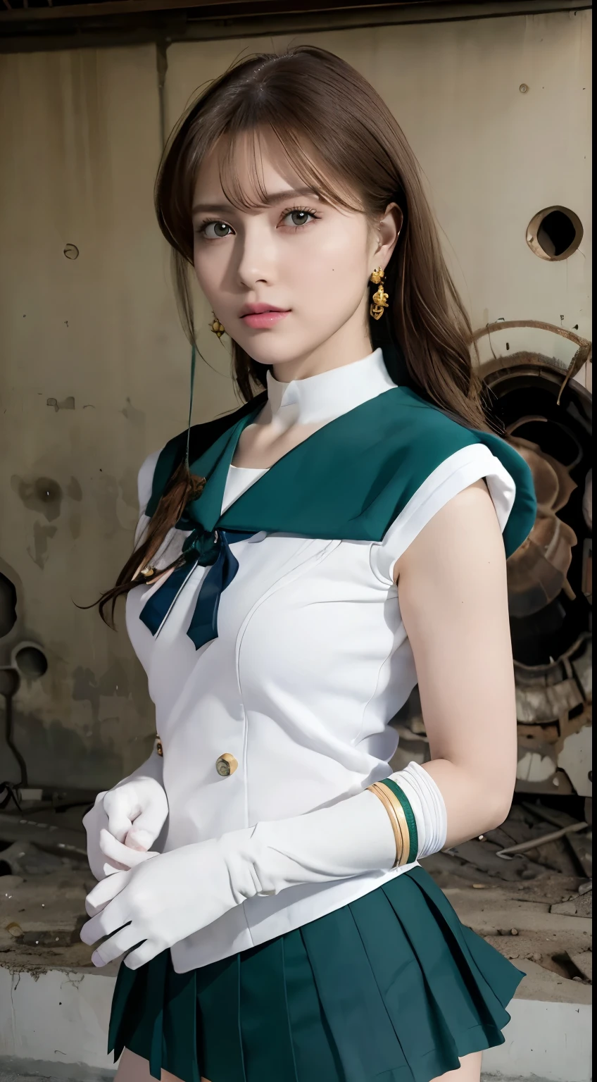 One girl, Sailor Neptune, (Sailor Warrior Uniforms:1.4), Dark green hair, Medium Hair, Pleated skirt, Highest quality, Earrings, masterpiece, High resolution, Intricate details, (( Realistic )), photograph, (White elbow gloves:1.1), jewelry, Mid-chest, whole body, Dynamic Background, Dynamic posture, High heels,,More detailed 8K.Unreal Engine:1.4,超High resolution,La Highest quality:1.4, Realistic:1.4, Skin Texture:1.4, masterpiece:1.8,First Job, Highest quality,Object Object], (Detailed facial features:1.3),(Fine hand),(Ciudad Destroyada Apocalyptic:1.7),Over the knee boots: 1.1), choker, White gloves, Gargantilla Verde, Elbow Gloves, gem, Earrings, Green Skirt, only, Full Body Vian, Perros Verdes,