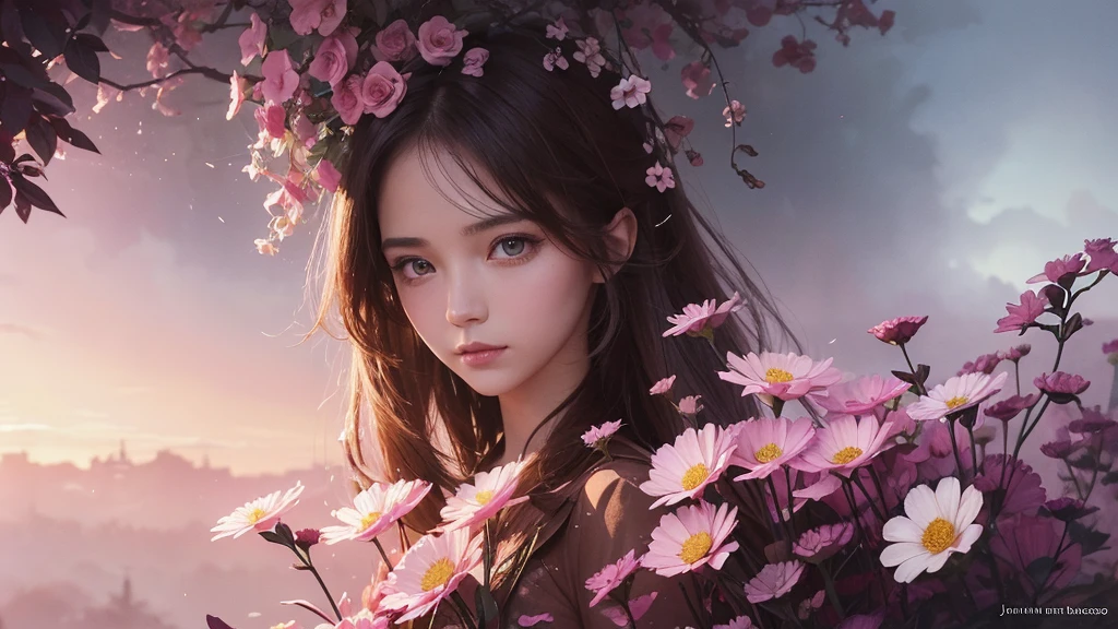 32k, Masterpiece, Highest quality, One girl, Detailed eyes, flower,Sandersonia, Pink and brown style,A dreamy, romantic piece,Pale pink, Mysterious Leaves,A playful arrangement,Fantasy,High Contrast,Ink strokes,explosion,Exposure, Impression of pink and brown tones,Abstract,((Watercolours by John Berkey and Jeremy Mann )) Brush strokes,Negative Space, Tyndall effect,