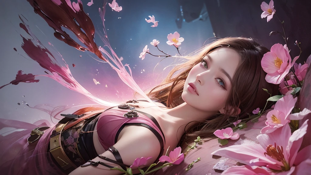 32k, Masterpiece, Highest quality, One girl, Detailed eyes, flower,Sandersonia, Pink and brown style,A dreamy, romantic piece,Pale pink, Mysterious Leaves,A playful arrangement,Fantasy,High Contrast,Ink strokes,explosion,Exposure, Impression of pink and brown tones,Abstract,((Watercolours by John Berkey and Jeremy Mann )) Brush strokes,Negative Space, Tyndall effect,