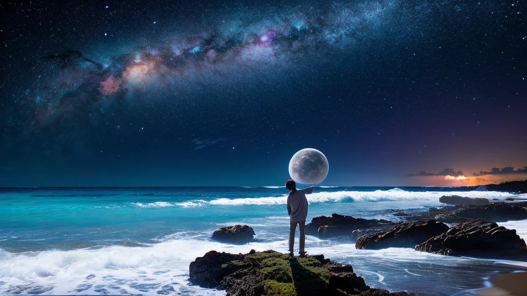 supernova starry sky planet fantasy Hawaii beach waves ocean mountain cities moon 椰子