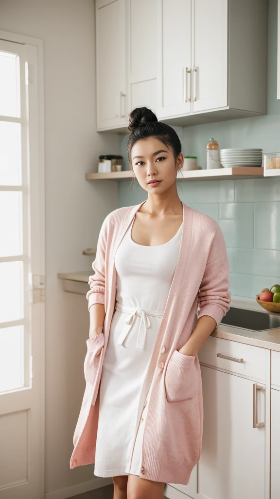 RAW, Best quality, high resolution, (masterpiece: 1.3), cute asian man, Masterpiece, cute face, high bun hair, bright skin, fair skin, cute eyes, light make up, standing in a kitchen, feminine gesture, serene expression, body facing viewer, looking to viewer, wearing white midi dress, pretty dress, wearing pink cardigan, perfect cardigan, beautiful in cute pastel shades, at noon, Great lighting, great sunlight, Bright colors, Ultra realistic clean lines, very realistic
