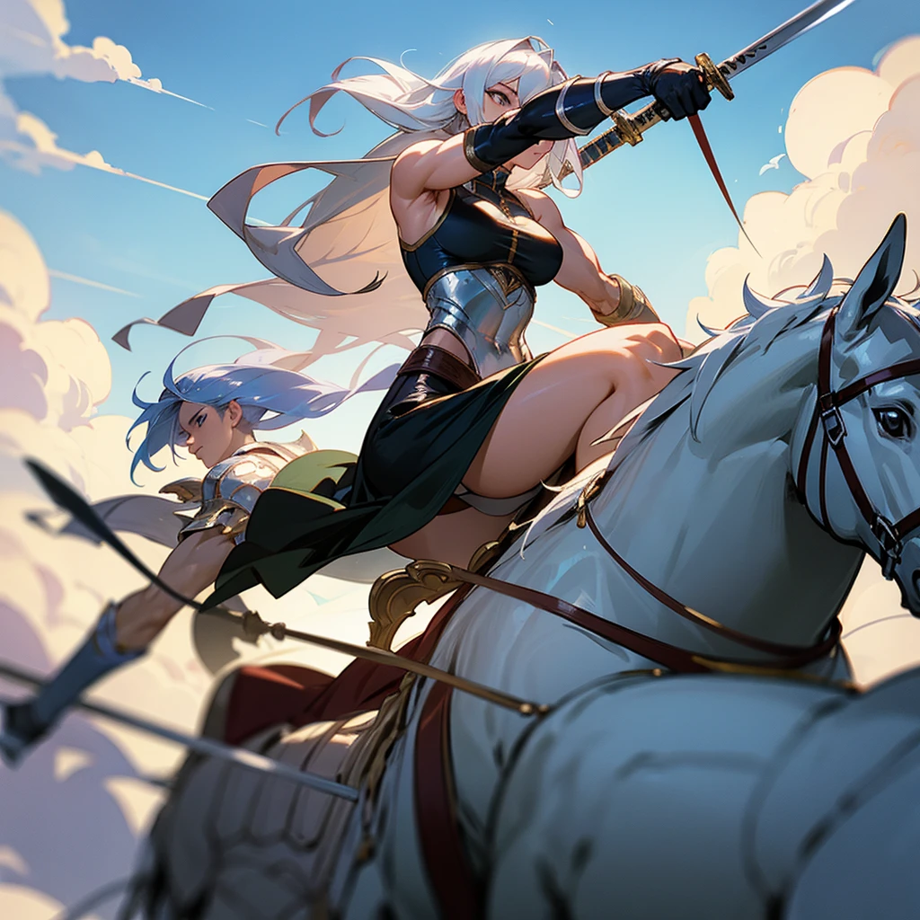 Muscular heroine riding a silver horse using her sword sexily