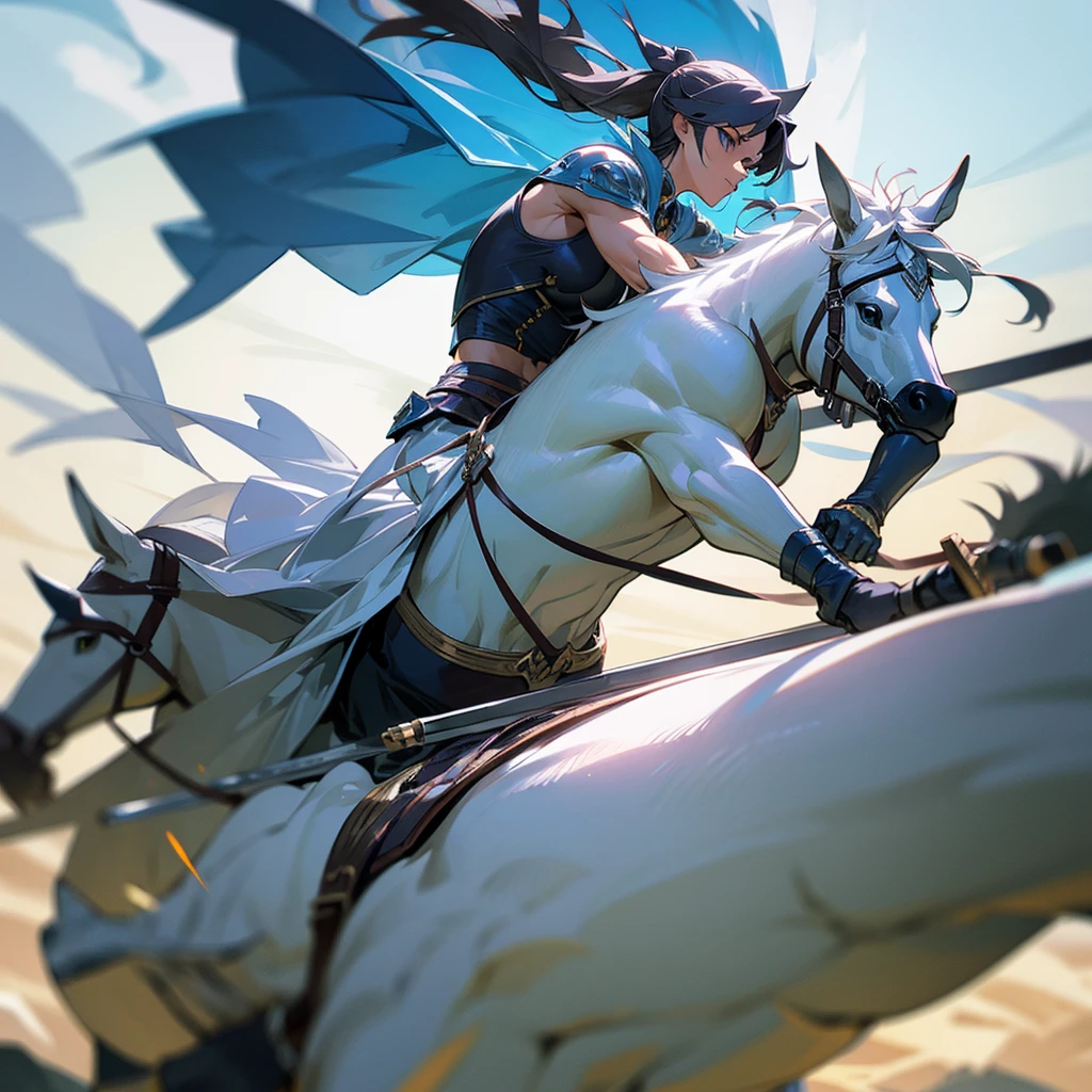 Muscular heroine riding a silver horse using her sword sexily
