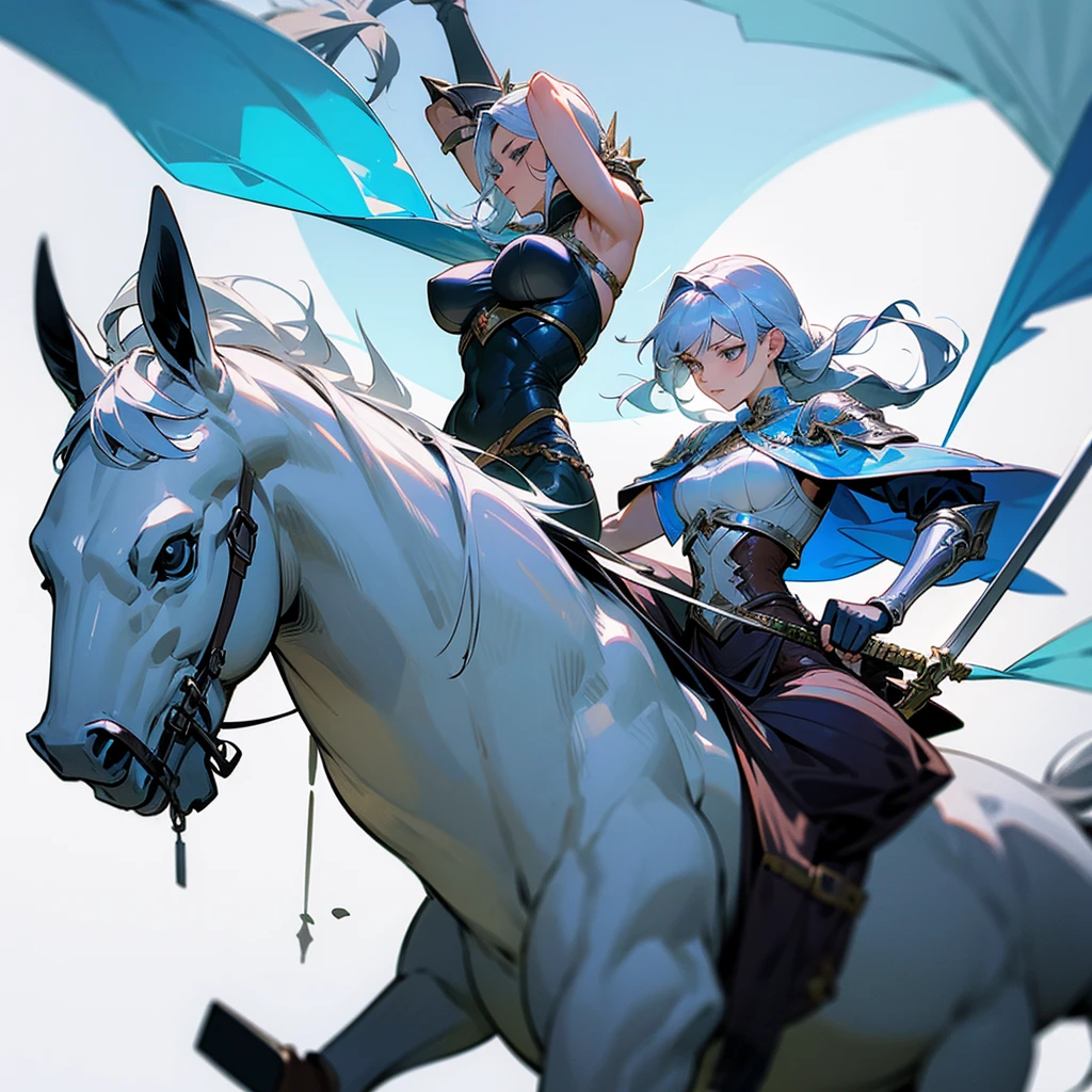Muscular heroine riding a silver horse using her sword sexily