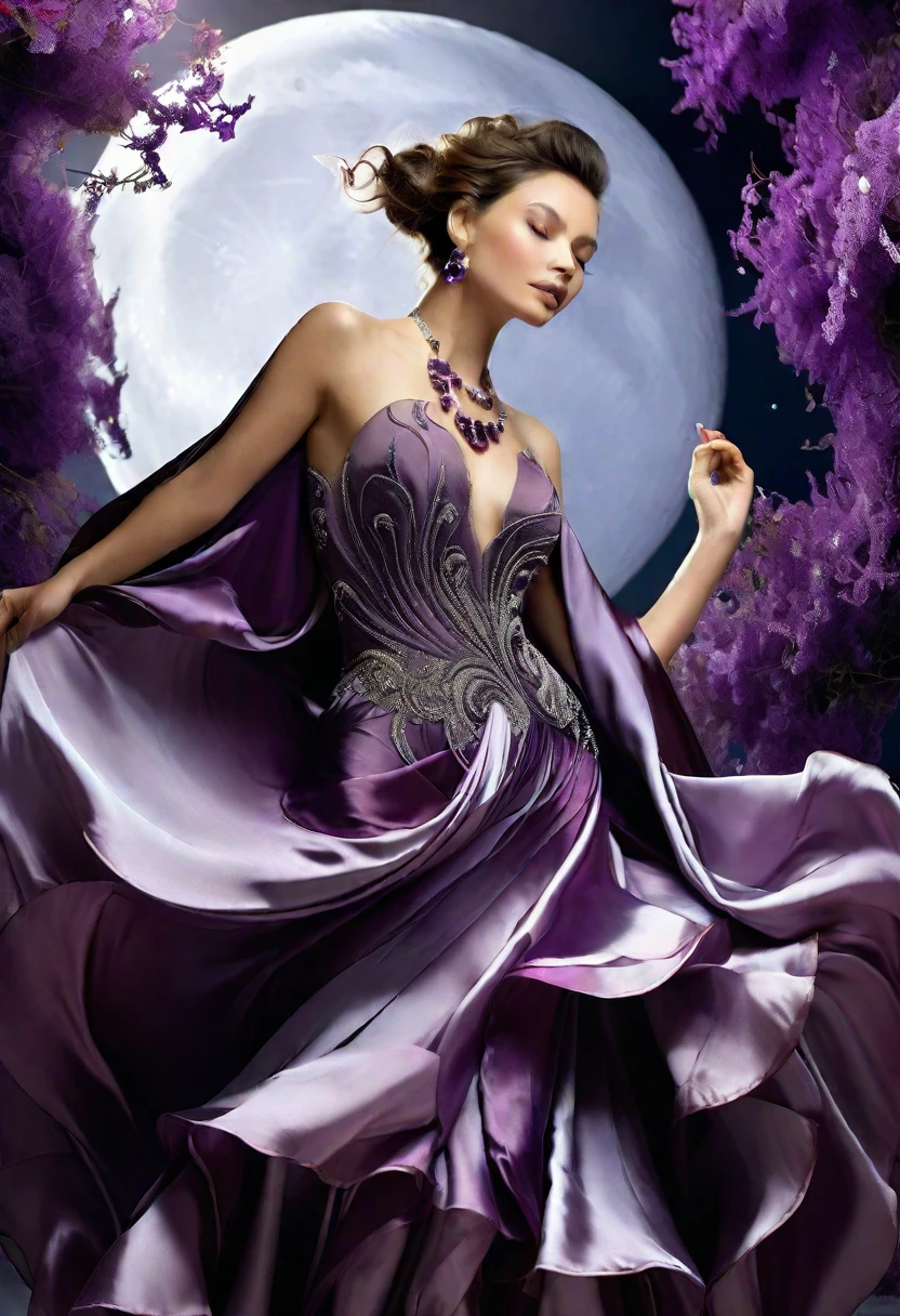 Long flowing skirt, arms and back exposed, sparkling, ideal figure, large bust and fair skin, wearing gorgeous deep purple satin evening dress, wearing big black pearl necklace and gorgeous accessories, dancing in the air with moon in background, face not visible. (Best Quality, 4k, 8k, High Resolution, Masterpiece: 1.2), Ultra Detailed, (Realistic, Photorealistic, Photorealistic: 1.37), Intricate Details, Cinematic Lighting, Dramatic Pose, Elegant, High Fashion, Dramatic Colors, Beautiful Fabric Textures