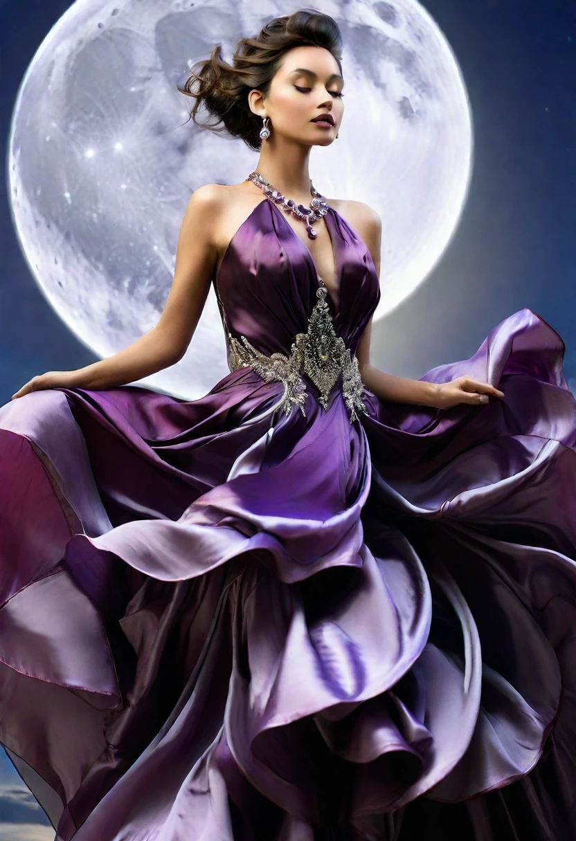 Long flowing skirt, arms and back exposed, sparkling, ideal figure, large bust and fair skin, wearing gorgeous deep purple satin evening dress, wearing big black pearl necklace and gorgeous accessories, dancing in the air with moon in background, face not visible. (Best Quality, 4k, 8k, High Resolution, Masterpiece: 1.2), Ultra Detailed, (Realistic, Photorealistic, Photorealistic: 1.37), Intricate Details, Cinematic Lighting, Dramatic Pose, Elegant, High Fashion, Dramatic Colors, Beautiful Fabric Textures