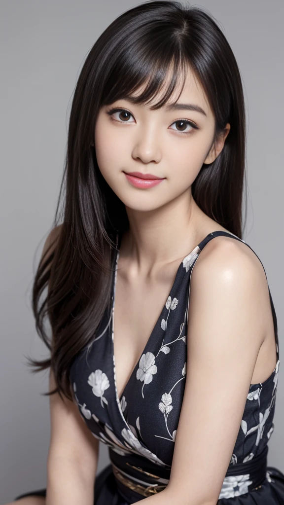 1 female，18-year-old，（Portrait in numbers：Mayu Yokota， Yuko Araki），Iris，Beautiful Face，（Thin skeletal surface+Delicate features、），非常にDetailed face，（Subtle Japanese Makeup）， Black eyelash curls for long hair，（Messy and multi-layered， With bangs）， smile，Look at the camera，Fair and smooth skin，（Best Skin Type：1.21），（clavicle：1.2），Women&#39;s slim fit suits，White short v-neck shirt，（Deep V-neck，Large breasts），Short Hip Wrap Skirt，（Realistic close-up photo of a woman），thin waist and long legs，（Slim figure），street，（（Hasselblad Photos）），surreal photos， Physically Based Rendering，Professional Lighting，Exquisite detail，Detailed face，The painting is pure，Perfect hands，Perfect Posture，Ultra-fine makeup，Ultra-fine fiber material、Live Action、smile and stand up straight,Short Hair、