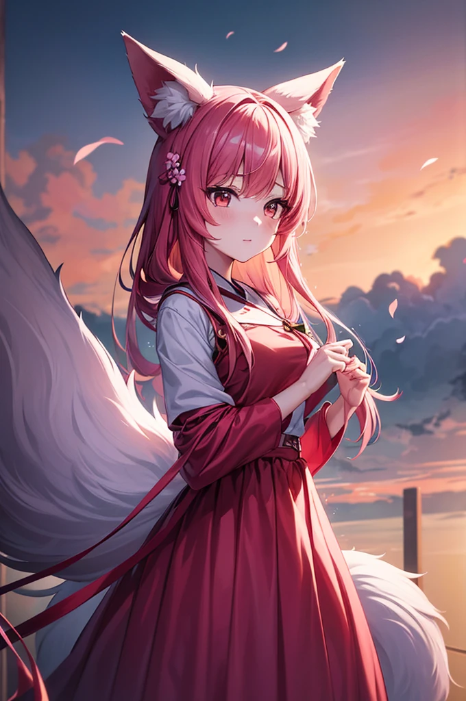 9 snow-white fox tails (1.0), Milky Fox Tail (1.0), Nine-Tailed Foxの狐のクローズアップ, Nine-Tailed Fox, Nine-Tailed Fox, With pink hair、Anime girl in a pink dress with flowers in her hair, very Beautiful anime fox girl, Beautiful anime fox girl, Beautiful fantasy anime, Gwaiz, Anime girl with fox ears, Beautiful Anime Girls, Very beautiful and cute fox girl, Pink flower rain, Background Blur, Anime Style 4k, Anime fantasy artwork, 4k anime wallpaper, Gubes-inspired artwork