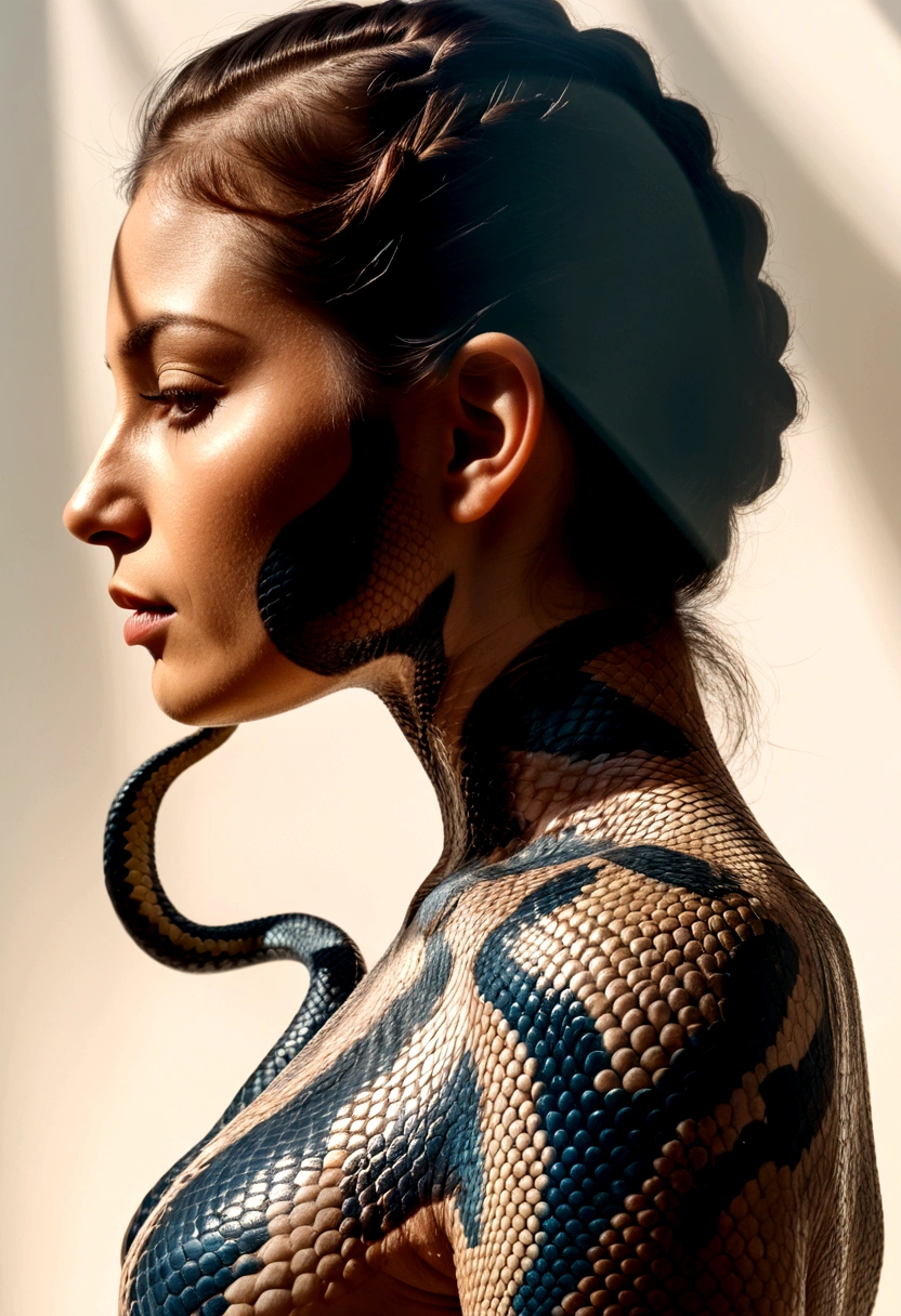 photoillustrasion of double exposure of merged, a woman, a cobra (transparency effect slithering shadow on her back),  seamless mix, texture and pattern, transparency effect, dramatic shadows and lights, interlacing elements, back view
