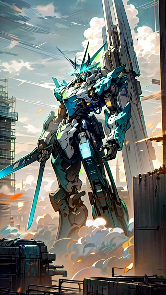 sky, clouds, holding_weapon, no_humans, glowing, a man standing on top of a building, his back to the viewer, looking into the distance, giant robot, building, ruins, glowing_eyes, mecha, science fiction, city, reality, mecha