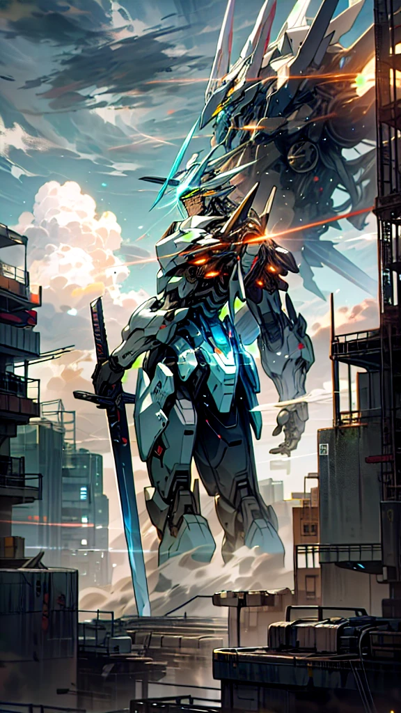 sky, clouds, holding_weapon, no_humans, glowing, a man standing on top of a building, his back to the viewer, looking into the distance, giant robot, building, ruins, glowing_eyes, mecha, science fiction, city, reality, mecha