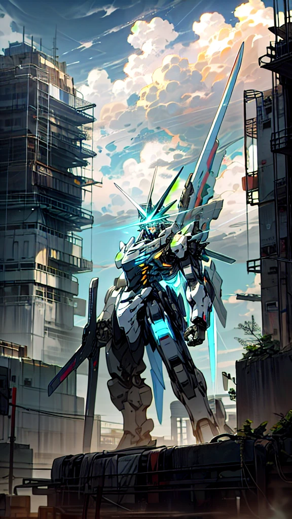 sky, clouds, holding_weapon, no_humans, glowing, a man standing on top of a building, his back to the viewer, looking into the distance, giant robot, building, ruins, glowing_eyes, mecha, science fiction, city, reality, mecha