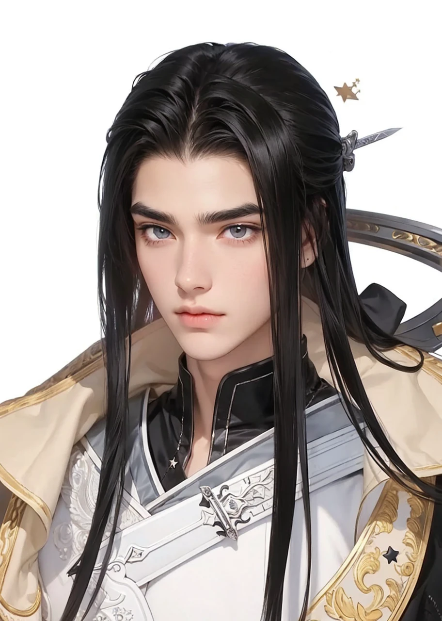 Boys，23 years old，Black long hair，Sword-like eyebrows and star-like eyes，Gentle eyes