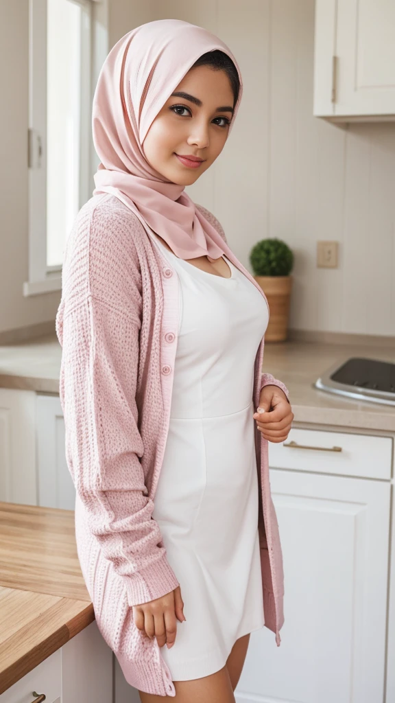 RAW, Best quality, high resolution, (masterpiece: 1.3), cute woman, Masterpiece, cute face, bright skin, fair skin, cute eyes, light make up, standing in a kitchen, feminine gesture, serene expression, body facing viewer, looking to viewer, wearing perfect hijab, white mus dress, pretty dress, wearing pink cardigan, perfect cardigan, beautiful in cute pastel shades, at noon, Great lighting, great sunlight, Bright colors, Ultra realistic clean lines, very realistic

