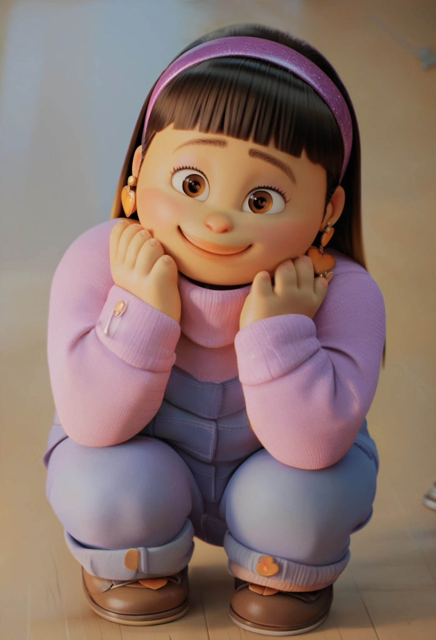 a_p, 1girl, plump, long black hair, fringe hair, brown eyes, pink sweater,hairband, heart earrings, looking at viewer, front view, score_9, score_8_up, score_7_up, full body view, smiling, in school, squatting, looking on viewer, overall,