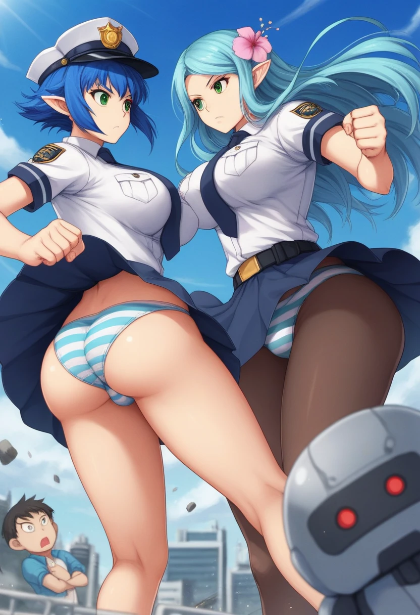 NSFW,((Perfect human body)),2girls, full Art,girl(Red eyes, Wavy silver hair, Pointed Ears, vampire, Drooping eyes,Police uniform,Wide-eyed,Be shocked,Puff out your cheeks,Police hat,skirt,Mobile Task Force Equipment,Big Breasts,Hair Flowers,捲れ上がるskirt,Striped panties,bulge in the crotch,Getting kicked in the groin),Mecha Girl(Blue Hair,Green Eyes,Expressionless,Kicking movement,Dynamic movement,Big Ass,Modest chest,equipment for battle,),Fighting,Two people facing each other,Urban area