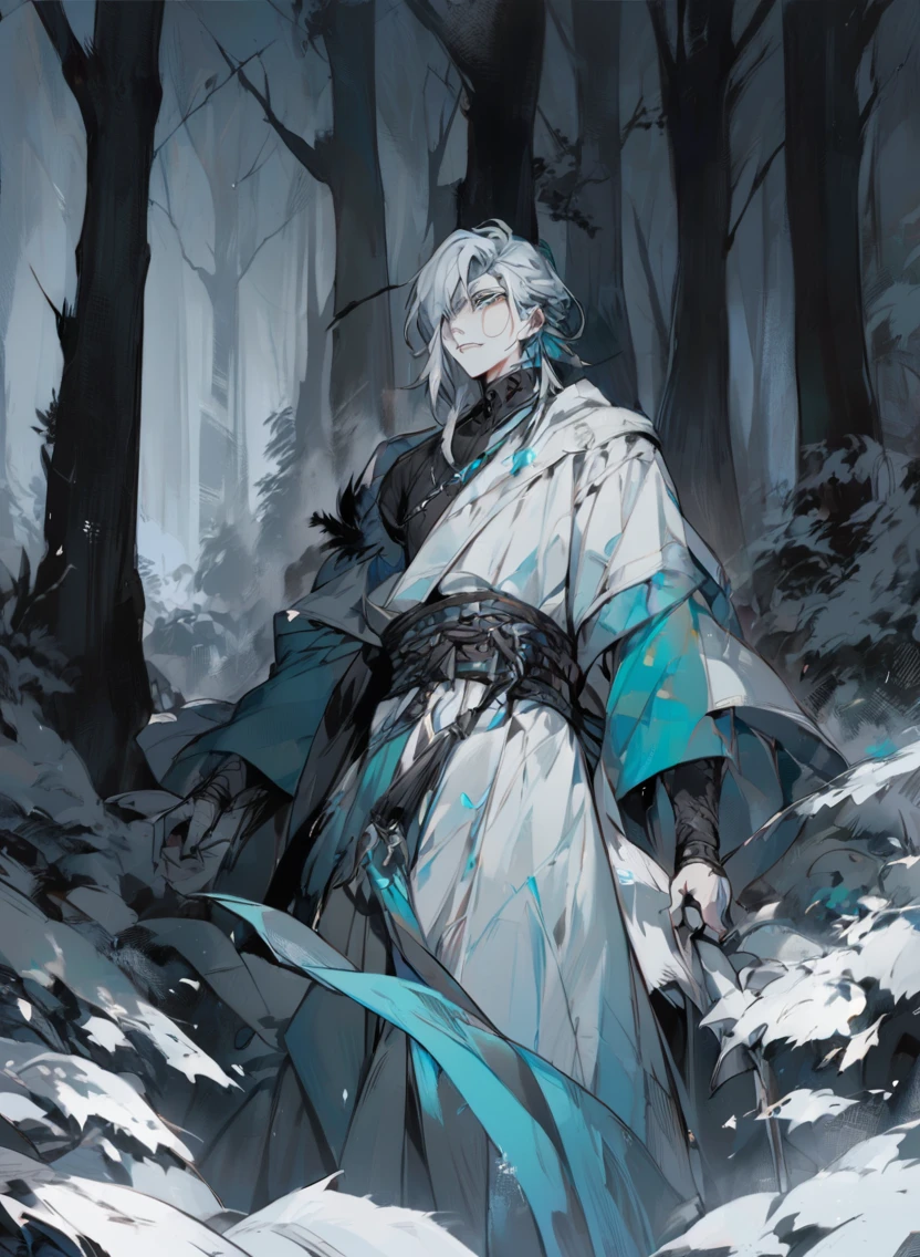 young man ,Male Dark, dark Woods, cold colors, white eye, monk dnd
