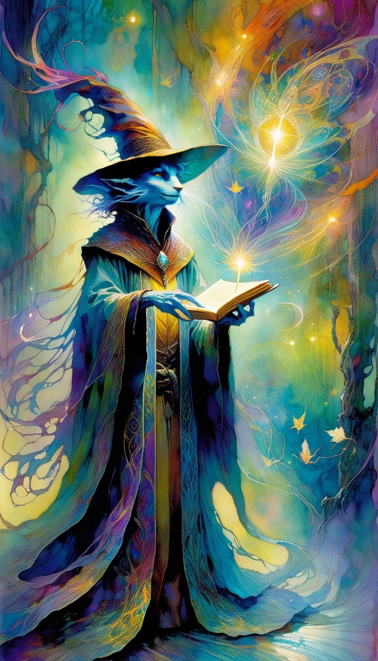 tarot card, the magician, FULL tarot card frames ((text on card: "EL MAGO")) (by Brian Froud and Carne Griffiths and Wadim Kashin, intricate details, oil) . bright colors, oil paint)
