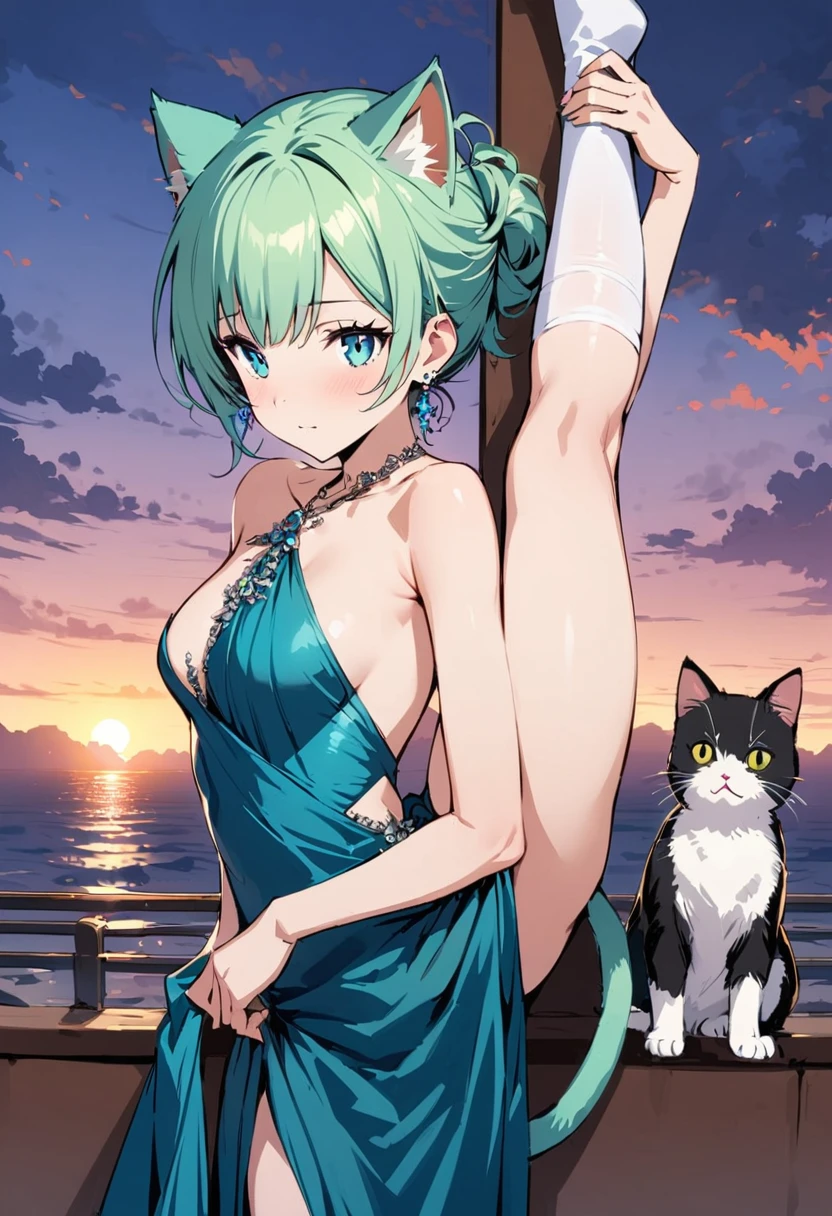 masterpiece, Highest quality, Illustrations for novels, High resolution, 18+ Adult content, Sensual, Intimate, Emotional, Passionate, romantic, sweet, Adorable, Innocent, Pure, Enchanting, Enchantingな, attractive, mysterious, Enchantingな, Enchanting, Immersive, Enchantingな, dream-like, Surreal, Imaginative, Whimsical, Artistic, Avant-garde, timeless, elegant, Sophisticated, chic, Sophisticated, Individuality, original, Enchantingな,One girl,Deltamon_beta, alone, blue eyes, Knee socks, Animal ears, Bare shoulders, Blue Tail, Earrings,Removable sleeves, Green Hair, No sleeve, Cat ear, bag, white Knee socks, Cat's Tail,pink backpack,Pink school bag,Lavender lace: Lavender Peter Pan collar lace dress, Paired with ivory tights and Mary Jane shoes.,Cherry-blossom viewing, azalea, satsuki, azalea blizzard,
rest ((Avoidance method ((kitten:1.3)), Evening Dress,evening dress,Evening Dresses:1.3))、Upper Body, alone,Are standing_Split,