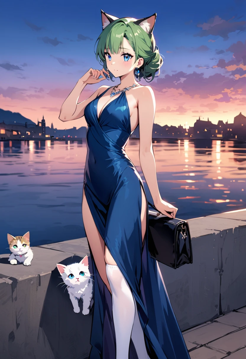 masterpiece, Highest quality, Illustrations for novels, High resolution, 18+ Adult content, Sensual, Intimate, Emotional, Passionate, romantic, sweet, Adorable, Innocent, Pure, Enchanting, Enchantingな, attractive, mysterious, Enchantingな, Enchanting, Immersive, Enchantingな, dream-like, Surreal, Imaginative, Whimsical, Artistic, Avant-garde, timeless, elegant, Sophisticated, chic, Sophisticated, Individuality, original, Enchantingな,One girl,Deltamon_beta, alone, blue eyes, Knee socks, Animal ears, Bare shoulders, Blue Tail, Earrings,Removable sleeves, Green Hair, No sleeve, Cat ear, bag, white Knee socks, Cat's Tail,pink backpack,Pink school bag,Lavender lace: Lavender Peter Pan collar lace dress, Paired with ivory tights and Mary Jane shoes.,Cherry-blossom viewing, azalea, satsuki, azalea blizzard,
rest ((Avoidance method ((kitten:1.3)), Evening Dress,evening dress,Evening Dresses:1.3))、Upper Body, alone,Are standing_Split,
