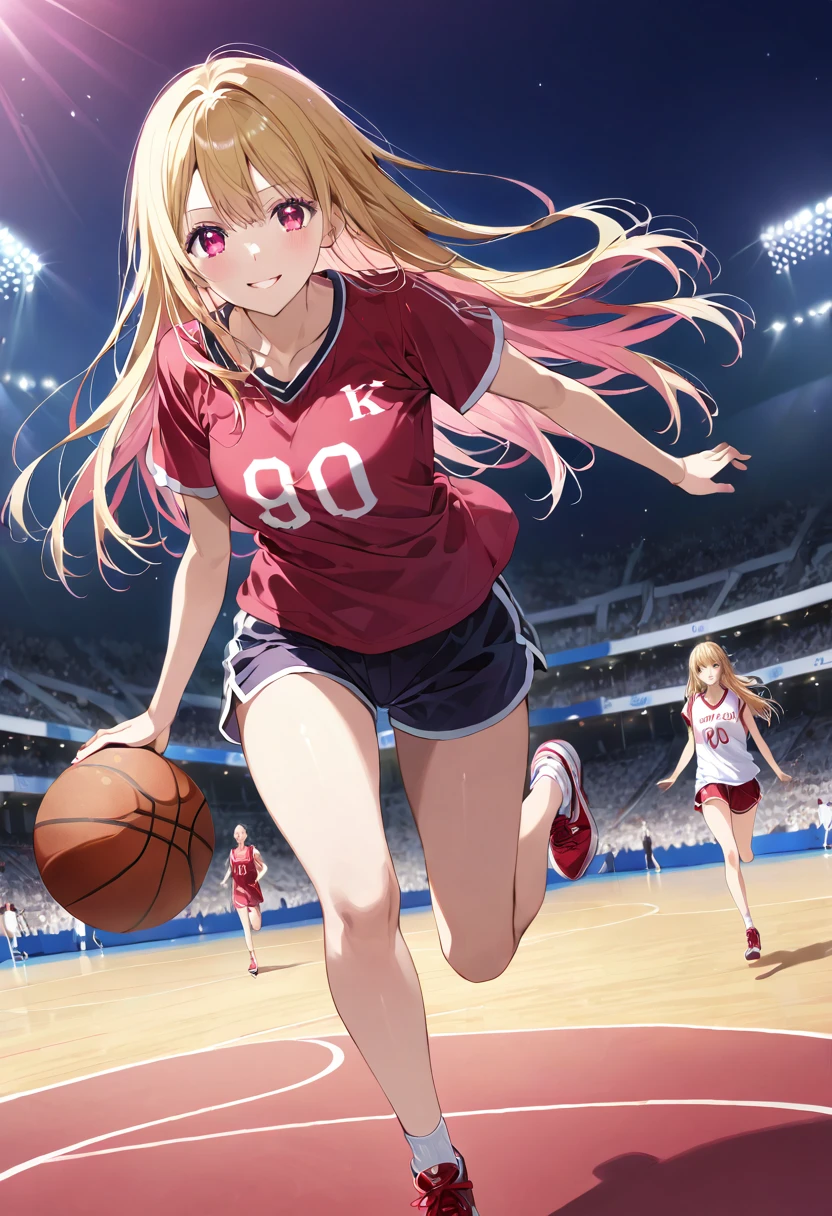 anime, Beautiful Face, Highly detailed face, two exact legs, Pink fine eyes, Highly detailed background, Perfect lighting, Accurate weapons, Accurate hands, Accurate Fingers, Blonde, whole body, One girl, alone, Hoshino Ruby, oshi no ko, The Absurdity of the Outdoors, High resolution, Super sharp, 8K, masterpiece, look at the other person, (whole body:1.4), Teasing Smile, basketball t-shirt, Tight sports shorts, 誰かとbasketballをする, Cleavage, on a basketball pitch, Running towards the audience, basketball