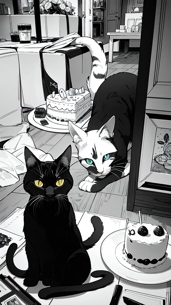 A cat with a party hat, surrounded by presents and a birthday cake. animals. scenes without colors and shadows. (Masterpiece, Best Quality, Highers:1.4), Detailed, Intricate Details, 4K, color splashes, line art, animals, cat, cute cats, accurate eyes, ultra high-quality, accurate, detailed lines, no human cat. animals, easy coloring book, simple design)