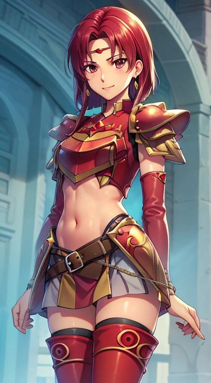 masterpiece, Highest quality,masterpiece, Highest quality, Lady, Circlet, Earrings, armor, Elbow hand pockets,Thigh-high boots, Highest quality, smile, Are standing, Lance, abdomen, abdomen, Long and thin navel,Thighs