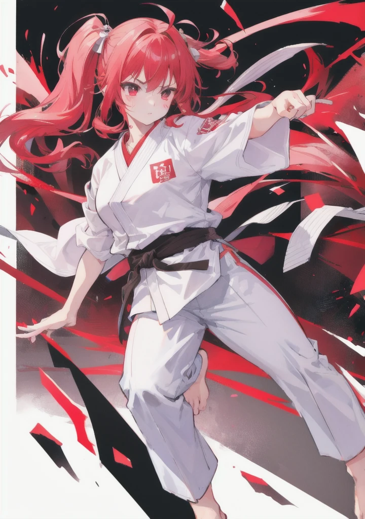 karate、girl、Torn street clothes、Disarray of clothing、The End of a Fierce Battle、red birthmark、Bandage、dojo、Japanese-style room、Kick、High Kick