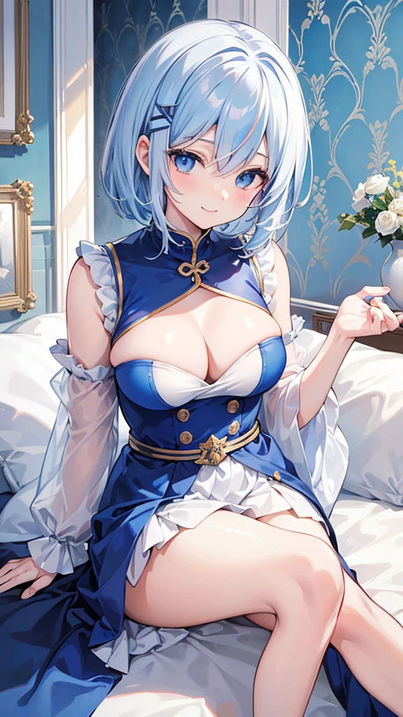 beautiful, masterpiece, Highest quality, anime, One girl, C Cup,Portrait Shot, View your viewers, Covered、Short Hair、nearby、Blue Eyes、art、、White hair,Blue streaked hair、wallpaper、hairpin、Cute smile、Thighs、Cute、race queen、RQ
