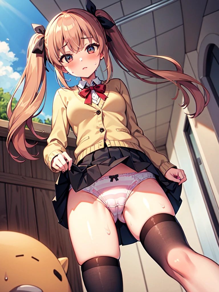 highest quality,masterpiece,8k,1girl, blush, sweat, mini skirt, lift skirt, upskirt, stripe panties, hair ribbon, twin tails, pleated skirt, thigh highs sox, loafers, camel toe, open legs, 