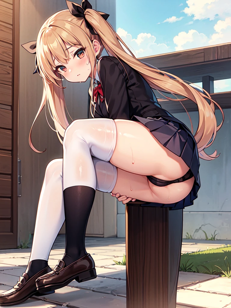 highest quality,masterpiece,8k,1girl, blush, sweat, mini skirt, lift skirt, upskirt, stripe panties, hair ribbon, twin tails, pleated skirt, thigh highs sox, loafers, camel toe, open legs,