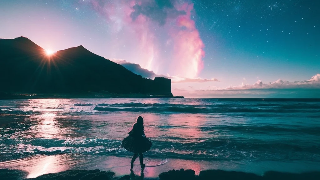 supernova starry sky planet fantasy Hawaii beach waves ocean mountain cities moon 椰子