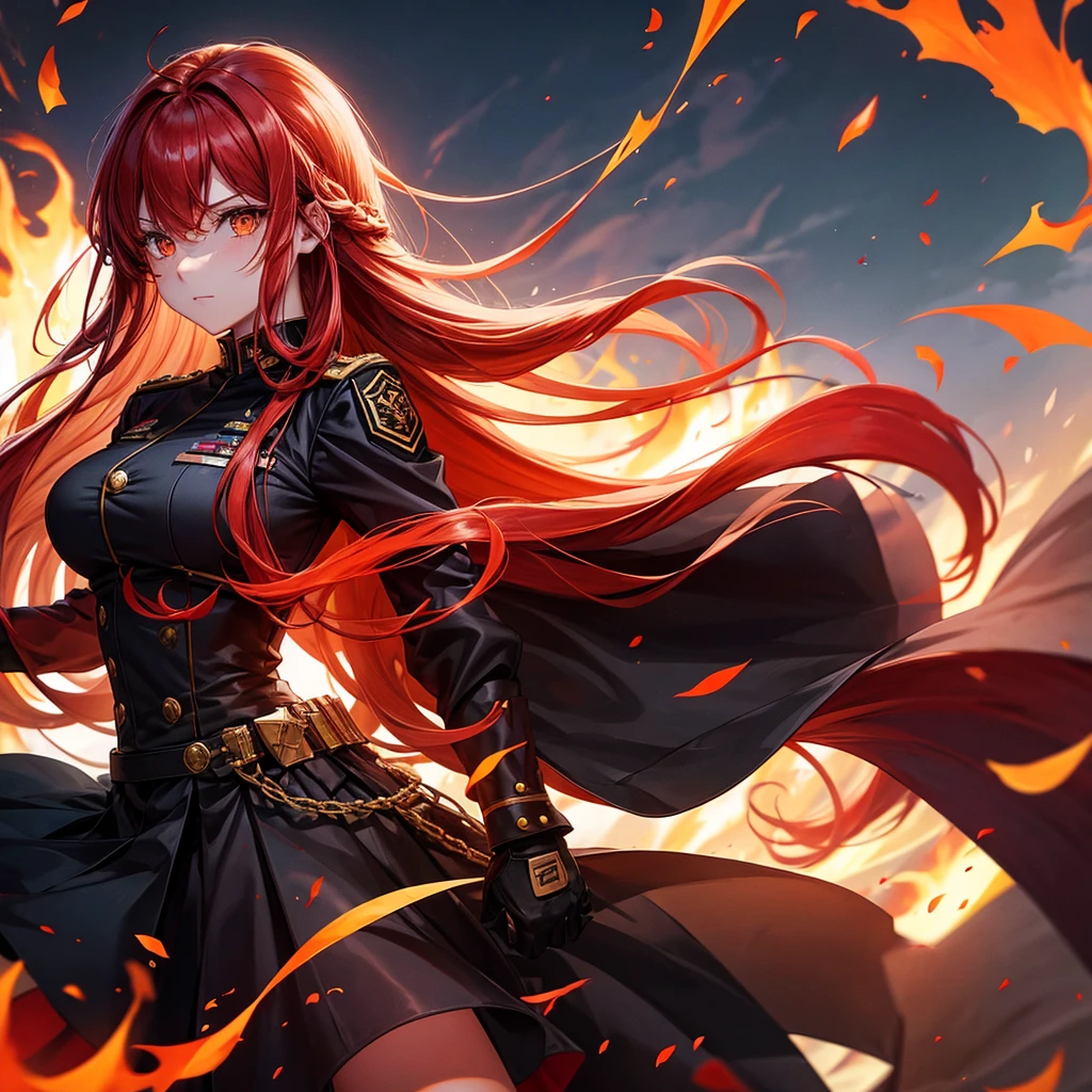 Beautiful woman, long hair, red hair, orange eyes, military uniform, black uniform, black skirt, fire background