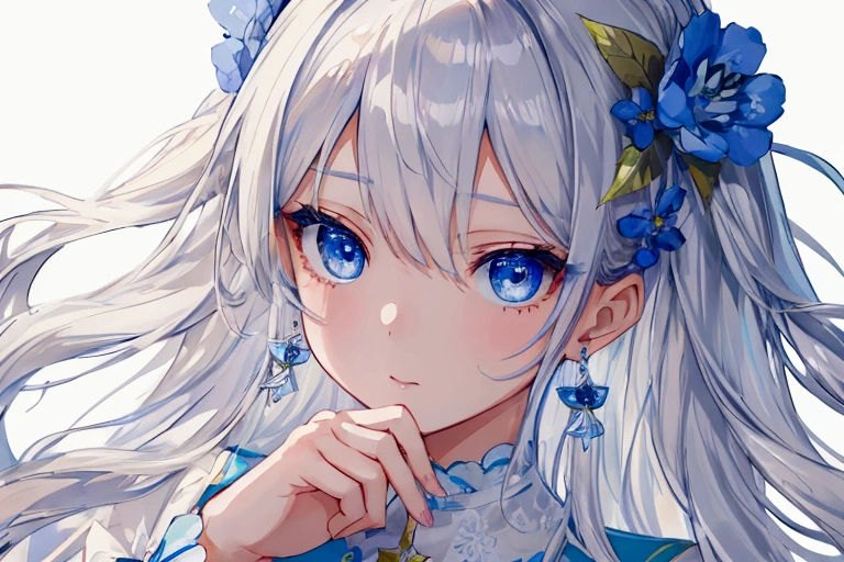 (masterpiece), Highest quality, girl, alone, (trench jack)、Quilted Skirt、
a extremely delicate and beautiful girl, Perfect detail, Very detailedなイラスト, Close-up of girl, girls front, Close-up shot, Tilt your head, Handsome figure, Very long hair, Short wavy thin hair, Asymmetrical bangs, Eyes visible through hair, Light silver hair, Beautiful fine hair, Happy, Delicate eyelashes, Bright Blue Eyes, With blue decoration, Blue hair ornament, Earrings, wallpaper 8k CG, super high quality, Very detailed,nature, flower、{{{{Small breasts}}}}、highlight