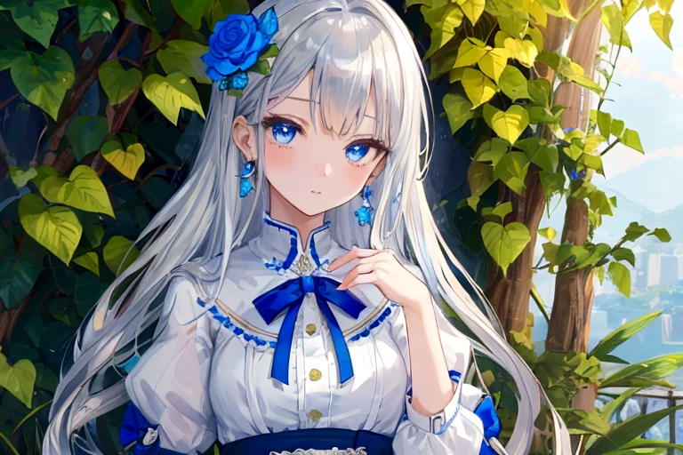 (masterpiece), Highest quality, girl, alone, (trench jack)、Quilted Skirt、
a extremely delicate and beautiful girl, Perfect detail, Very detailedなイラスト, Close-up of girl, girls front, Close-up shot, Tilt your head, Handsome figure, Very long hair, Short wavy thin hair, Asymmetrical bangs, Eyes visible through hair, Light silver hair, Beautiful fine hair, Happy, Delicate eyelashes, Bright Blue Eyes, With blue decoration, Blue hair ornament, Earrings, wallpaper 8k CG, super high quality, Very detailed,nature, flower、{{{{Small breasts}}}}、highlight