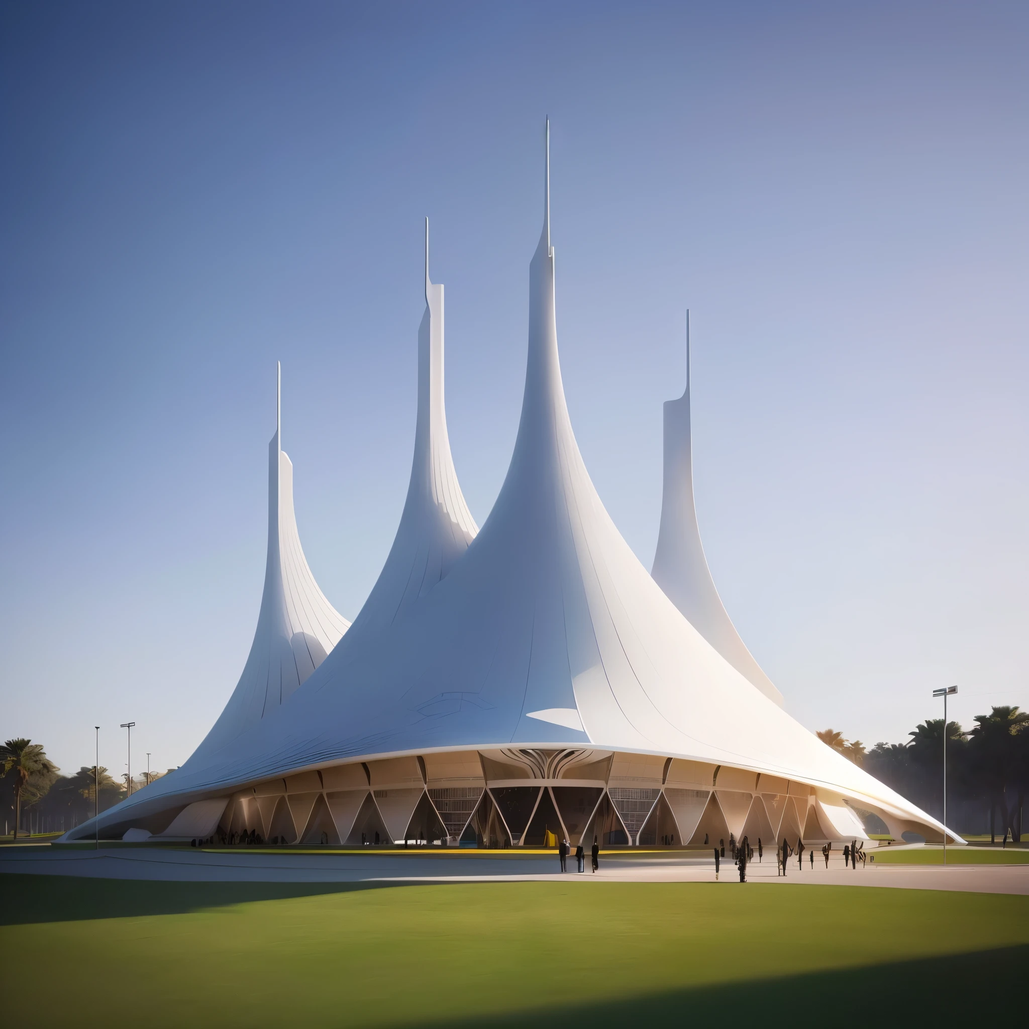 People walking around a white building,There is a clock on the top of the building, Futuristic Church, Smooth surface,Line Fade,tent architecture, Futuristic Palace, by Zha Shibiao, Architectural Visualization, futuristic utopian architecture, Architectural Rendering, Futuristic Persian Palace, Web portals. Zaha Hadid, Architectural Renderinging, Zaha Hadid architecture, Futuristic structure, Zaha Hadid octane highly render, Architectural Rendering, pavilion