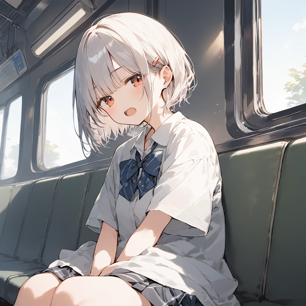 score_9, score_8_up, score_7_up, source_anime, best quality, masterpiece,ultra-detailed,official art, absurdres, highres, waifu2x, break,1girl, school girl, short hair, beautiful detailed eyes, sit, open mouth, (yawn:0.3), sleepily,night, train, break,(clear line illustration:1.2),very high resolution, very aesthetic, super detailed skin, Best sexual lighting powered by famous artist, 8k,ero picture,beauty illustration,photoshop_(medium),,(Detailed Lighting),