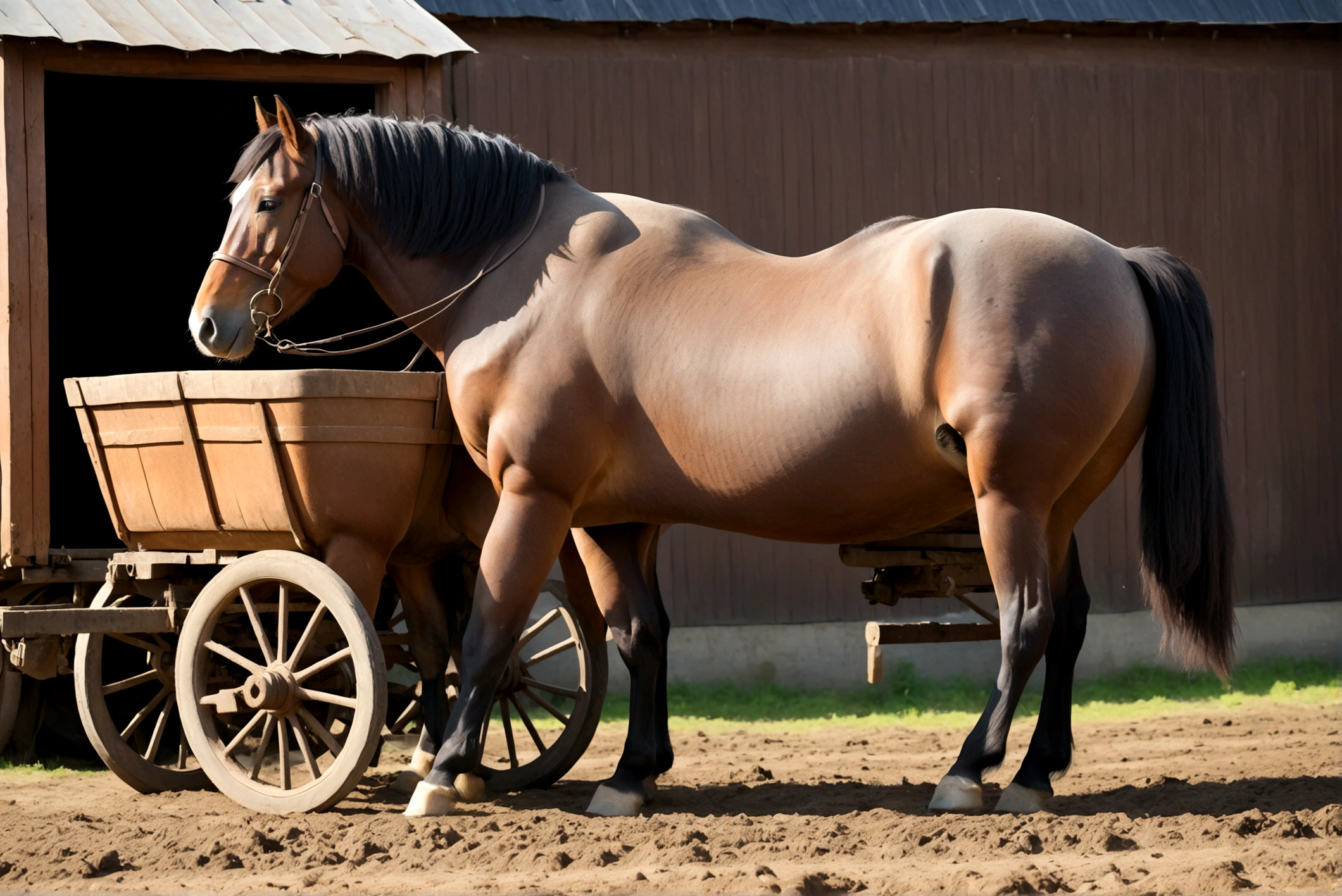 complete side view of horse. a big fat Ardennes horse with big bum. pulling open wagon. nude BBW woman driving. very dark skinned. very short hair. dung pile under horse bum. raised tail.