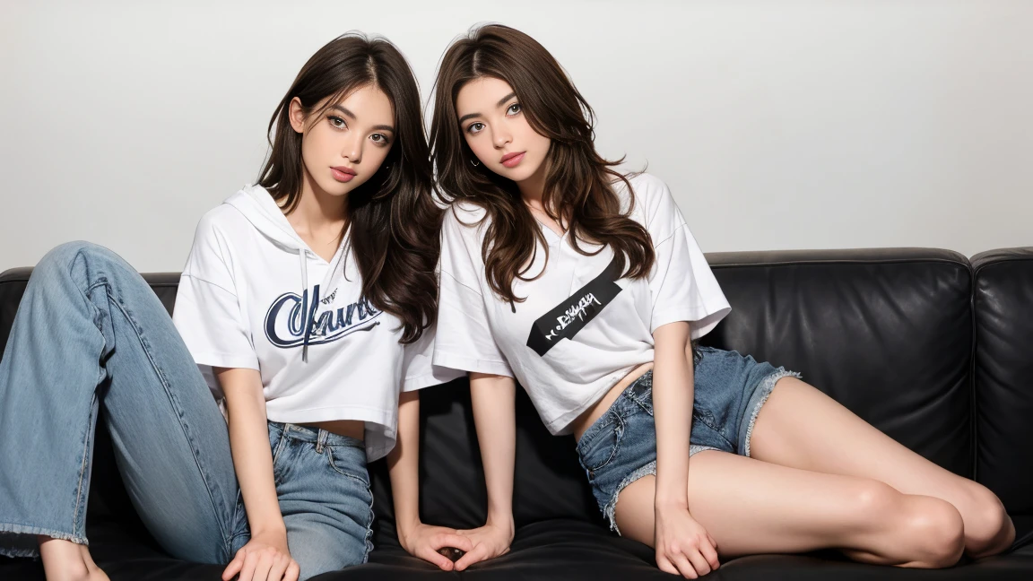 Sexe entre deux femmes brune magnifiques 20 ans , sein petit ,white short sleeve hoodie et short en jean , Réaliste , photographie, bouche ouverte , Regardez le spéciateur , jambe visible ,  sexey, sensuels , Sexe, se frottent l'une contre l'autre, curly hair