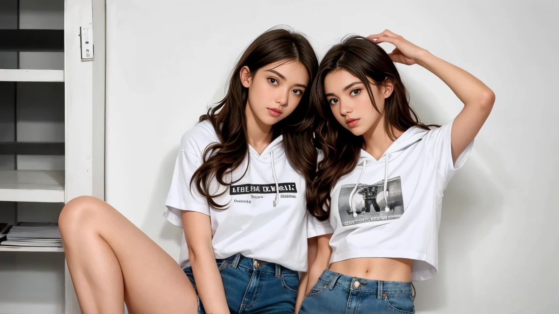 entre deux femmne magnifiques 20 ans , sein petit ,white short sleeve hoodie et short en jean , Réaliste , photographie, bouche ouverte , Regardez le spéciateur , jambe visible , sexey, sens , Sexe, se frottl'une contre l'autre, curly hair