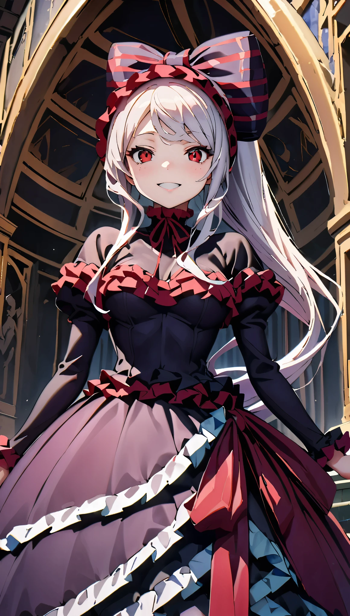 Shalltear Bloodfallen, (Highest quality:1.2, Ultra-high resolution, High Detail, masterpiece:1.2), (1 girl), break, ((Silver Hair, ponytail, Red eyes)), bow, Black Dress, Frill dress, Long sleeve, A fearless smile, Detailed skin texture, Detailed cloth texture, Detailed face, ((Detailed eyes, Beautiful eyes)), Luxurious interior, Delicate ornaments, grave, Dim lighting,