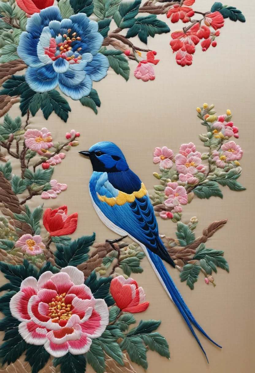 embroidery作品, (A translucent blue embroidery hangs on the wall), (embroidery),A bird,First class embroidery,丝绸embroidery蓝色花瓣, Surrounded by realistic embroidered flowers, Inspired by Yao Jianping's Suzhou embroidery《Blue Dream》,(background:Blue fragrant cloud yarn),Rich details, Silk Painting, Ink Painting, Holographic rectangular glass frame, Smooth lines, Aerial View, Realistic embroidery details, Ultra HD, Super Detail, 16K,