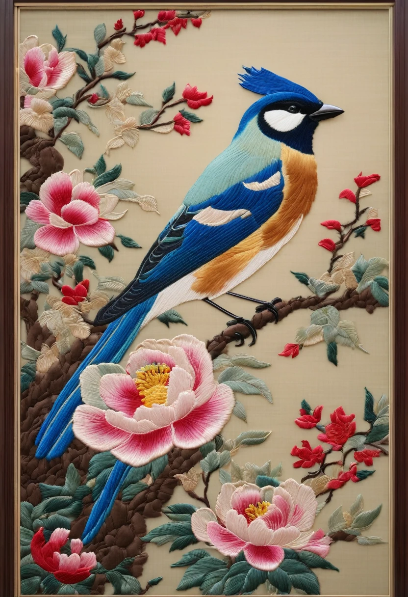 embroidery作品, （A translucent blue embroidery hangs on the wall）, （embroidery），A bird，First class embroidery，丝绸embroidery蓝色花瓣, Surrounded by realistic embroidered flowers, Inspired by Yao Jianping&#39;s Suzhou embroidery《Blue Dream》，（background：Blue fragrant cloud yarn），Rich details, Silk Painting, Ink Painting, Holographic rectangular glass frame, Smooth lines, Aerial View, Realistic embroidery details, Ultra HD, Super Detail, 16K,